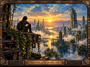 A solitary traveler overlooks a futuristic city reclaimed by nature, where towering skyscrapers rise above misty waterways and cascading waterfalls. Golden sunset light illuminates distant mountains beneath dramatic blue clouds. Rich painterly textures convey wonder and renewal, while an ornate bronze frame with guitar strings completes the cinematic composition.