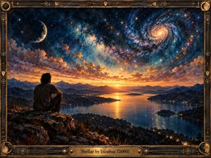 A solitary figure overlooks a tranquil mountain lake beneath a spectacular cosmic sky filled with swirling galaxies, stars, and a crescent moon. Golden sunset light contrasts with deep blues and violet clouds, creating a romantic, contemplative atmosphere. Rich painterly details are enclosed within an ornate bronze celestial frame.