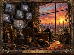 A contemplative figure relaxes beside a sleeping dog in a weathered loft overlooking a fiery sunset skyline. Muted television screens contrast with warm orange light, deep shadows, scattered records, and lush greenery. Rich painterly textures and an ornate musical frame evoke solitude, media fatigue, and peaceful escape from modern noise.