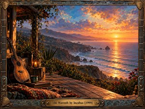 A weathered acoustic guitar rests on a rustic coastal porch overlooking dramatic cliffs and shimmering ocean waves. Golden sunset light illuminates vibrant orange, pink, and violet clouds, creating a peaceful, reflective atmosphere. Rich painterly textures, lush greenery, and a decorative metallic guitar-inspired frame evoke warmth, nostalgia, and emotional renewal.