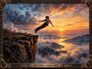 A lone figure falls backward from a rugged cliff above a misty mountain valley, embracing uncertainty beneath a dramatic golden sunset. Sweeping clouds, reflective waters, and distant peaks create an atmosphere of freedom and vulnerability. Expressive painterly textures and warm lighting contrast with cool shadows, framed by ornate guitar-inspired metalwork.