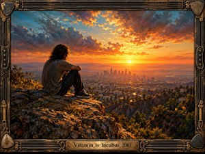 A solitary young figure sits on a rocky hillside overlooking a sprawling city at sunset. Fiery orange and golden light pierces dramatic blue-gray clouds, creating a reflective, restless atmosphere. Rich painterly textures capture the rugged landscape, while an ornate brass frame with guitar strings surrounds the evocative scene.