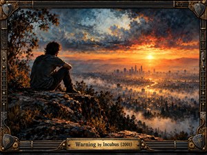 A solitary young man sits on a rocky overlook above a misty city, contemplating a brilliant orange sunset beneath turbulent blue-gray clouds. Expressive oil painting textures capture reflection, uncertainty, and awakening. Golden light illuminates distant mountains and winding streets, while an ornate industrial metal frame surrounds the dramatic landscape.