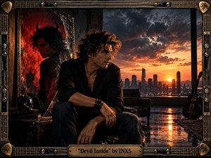A brooding man sits in a shadowy loft overlooking a storm-lit city at sunset, while a cracked mirror reveals a horned, fiery alter ego behind him. Warm amber light clashes with deep blacks and crimson reflections, creating seductive tension. A guitar-inspired metal frame and engraved title plate complete the cinematic, handcrafted composition.