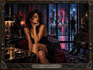 A woman in a black dress sits pensively in a shadowy apartment while rain streaks the windows and neon city lights glow beyond. A distant figure stands on the balcony, heightening the tension. Deep reds, electric blues, amber highlights, reflective surfaces, and textured painterly detail create a sensual, nocturnal atmosphere.