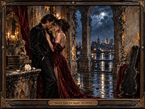 A devoted couple stands intimately beneath weathered stone arches overlooking a rain-swept city at night. Deep burgundy, charcoal, midnight blue, and antique gold create a romantic, melancholic mood. Warm candlelight contrasts with cool moonlight, reflecting across wet floors, while roses, ivy, a guitar case, and ornate framing enrich the textured oil-painted scene.