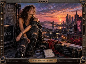A reflective woman in worn black rock attire sits on a rooftop above a glowing harbor city at sunset, surrounded by road cases, photographs, a journal, and a red scarf. Warm orange light meets deep violet clouds, creating a restless, romantic mood within a richly textured, late-1980s-inspired painted scene.