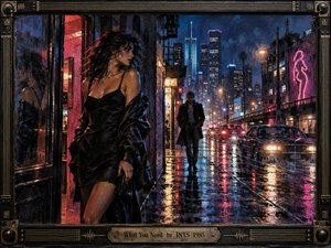 A rain-soaked neon city street frames a confident woman in black beneath glowing red and blue lights, while a lone man approaches through shimmering reflections. Moody, sensual, and cinematic, the scene blends noir atmosphere with expressive painted textures, glossy pavement, vintage cars, towering buildings, and a dark metallic musical frame.