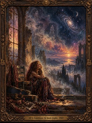 A solitary, red-haired woman sits among crumbling ruins, gazing toward a golden sunset beneath a swirling cosmic sky. Ghostly faces dissolve into violet clouds as scattered flowers and an abandoned guitar case suggest fading memories. Expressive oil brushwork, dramatic amber light, and an ornate bronze frame deepen the melancholy.