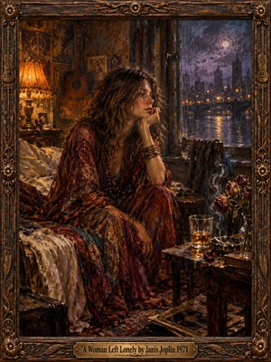 A weary woman in flowing crimson sits alone beside a rain-streaked window, gazing toward a moonlit city. Amber lamplight warms her cluttered bohemian room, where wilted roses, a half-filled glass, and drifting smoke deepen the melancholy. Expressive oil brushstrokes, violet shadows, and an ornate bronze-trimmed frame evoke aching solitude.