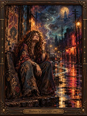 A wild-haired woman sits beside a battered guitar case on a rain-soaked street, cigarette smoke spiraling toward ghostly eyes overhead. Amber streetlamps and crimson neon shimmer across puddles, while torn posters and distant figures evoke 1960s blues nightlife. Expressive oil brushwork glows within an ornate wood-and-brass frame.