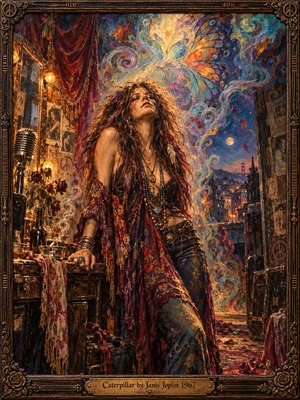 A soulful bohemian singer leans against a cluttered backstage table, surrounded by vintage microphones, wilted roses, and glowing amber lights. Psychedelic butterfly wings swirl above a moonlit cityscape. Rich burgundy, turquoise, violet, and gold illuminate expressive oil brushwork, while an ornate carved frame enhances the dreamlike atmosphere of transformation.