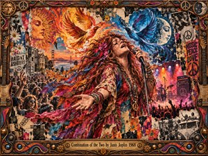 An ecstatic singer reaches toward a cheering crowd amid layered psychedelic posters and San Francisco streets. Fiery orange and electric blue birds soar beneath celestial faces, symbolizing opposing energies. Saturated crimson, gold, and violet glow through smoky concert lighting. Torn-paper textures and an ornate bronze musical frame complete this vibrant 1960s collage.