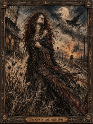 A wild-haired woman clutches her embroidered shawl beside lonely railroad tracks beneath a clouded moon. Expressive charcoal and pastel textures swirl through dry grasses, a weathered house, and distant locomotive. Rust red, sepia, and smoky blue intensify the haunting, defiant atmosphere, enclosed within an ornate bronze-trimmed wooden frame.