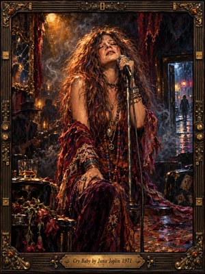 A wild-haired blues singer leans into a microphone inside a smoky, dimly lit club, her expression aching with passion. Amber spotlights illuminate crimson fabrics, wilted roses, and drifting smoke, while a rainy blue doorway suggests departure. Rich oil brushwork and an ornate brass-trimmed frame heighten the images melancholy, theatrical intensity.