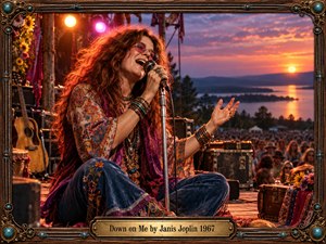 A red-haired singer in tinted glasses belts into a vintage microphone on a rustic festival stage. Her embroidered clothes glow beneath amber spotlights as a pink-orange sunset illuminates distant water and a gathered crowd. Cinematic realism, passionate expression, and an ornate wood-and-brass frame with turquoise accents evoke 1960s counterculture.
