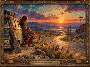 A windswept traveler rests beside a painted van as a winding highway disappears into a sunlit desert valley. Wildflowers, telephone poles, and distant mesas glow beneath swirling orange, violet, and turquoise clouds. Expressive oil brushwork evokes restless freedom and bittersweet longing, enclosed by ornate wood and brass framing.