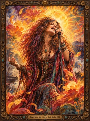 Janis Joplin sings passionately beneath a blazing golden sun, her flowing hair and colorful shawl sweeping through a psychedelic concert scene. Oversized orange flowers and swirling petals surround her against smoky violet shadows. Rich oil brushstrokes, radiant amber lighting, and an ornate carved wooden frame capture the raw energy of her performance.