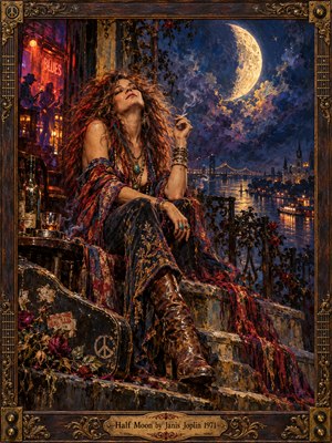 A free-spirited woman lounges beneath a luminous half moon overlooking a smoky riverside city. Her flowing bohemian clothing, wild hair, and weathered boots capture 1970s blues-rock rebellion. Rich indigo, crimson, and amber oil brushstrokes illuminate distant musicians, glowing waterfront lights, and scattered roses, enclosed within an ornate carved wooden frame.