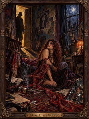 A wary red-haired woman clutches a patterned shawl in a cluttered bohemian room as a shadowy figure fills the doorway. Golden light clashes with moonlit blues and deep crimson. Scattered papers, smoke, and a shattered mirror heighten the tension. Expressive oil brushwork and an ornate carved frame evoke 1960s blues-rock drama.