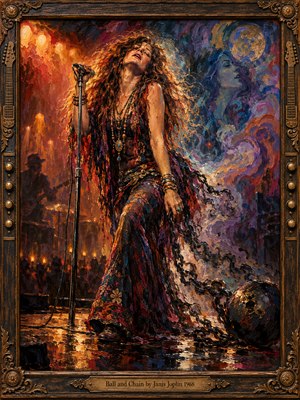 A passionate blues singer leans into a microphone beneath fiery amber stage lights, her flowing hair and colorful clothing captured in expressive oil brushstrokes. Violet smoke, ghostly faces, and shadowy musicians create a psychedelic atmosphere. Heavy chains symbolize emotional suffering, while ornate bronze and carved wood frame the dramatic scene.