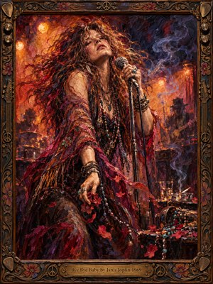 A soulful singer leans into a vintage microphone, eyes closed beneath wild auburn hair. Crimson shawls, scattered rose petals, and dangling beads swirl through a smoky 1960s club. Glowing amber stage lights illuminate expressive oil brushstrokes against violet shadows, while an ornate carved frame completes the passionate, bittersweet scene.