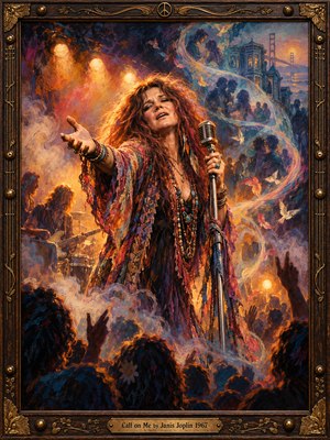 A fiery oil painting shows Janis Joplin reaching toward a shadowed crowd while singing into a vintage microphone. Amber spotlights illuminate her flowing hair and colorful shawl as psychedelic smoke curls around a guitarist, floating doves, and distant San Francisco rooftops. Rich blues and oranges glow within an ornate gilded frame.