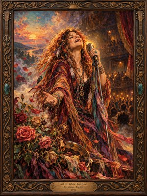 A radiant red-haired singer reaches toward the crowd, singing into a vintage microphone amid swirling scarves and roses. Golden sunset light meets the smoky glow of a crowded concert hall, creating a mood of fierce joy and fleeting tenderness. Rich oil brushwork, crimson and amber hues, and an ornate carved frame heighten the nostalgia.