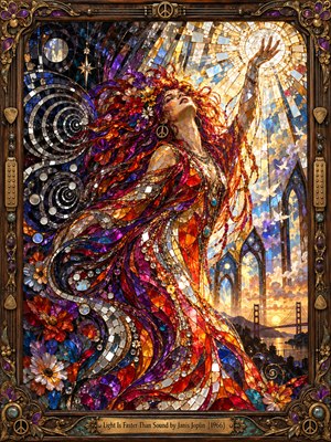 A flower-crowned woman reaches toward a radiant golden sun, her flowing crimson and violet robes swirling through a psychedelic stained-glass mosaic. Dark mirrored spirals contrast with luminous cathedral arches and a distant San Francisco bridge. Jewel-toned fragments shimmer within an ornate bronze frame, evoking passion, freedom, and 1960s counterculture.