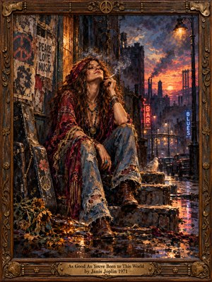 A weary bohemian woman rests on rain-darkened city steps, cigarette smoke curling past faded peace posters. Amber streetlights and red neon glow against a violet industrial sunset. Wilted flowers, a battered guitar case, and a white bird deepen the bittersweet mood. Thick oil brushwork fills an ornate bronze-and-wood frame.
