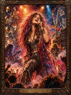 Janis Joplin belts into a microphone amid swirling auburn hair, cheering silhouettes, and shadowy musicians. Fiery amber lights clash with cool blue beams across a psychedelic stage. Fractured reflections, smoky textures, and vigorous oil brushstrokes convey raw defiance. An ornate carved frame with bronze accents and an engraved title plate completes the portrait.