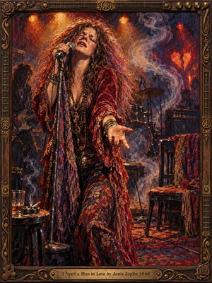 An impassioned singer reaches outward beneath amber spotlights in a smoky 1960s blues club. Crimson velvet, tangled hair, and swirling violet haze animate the richly textured oil painting. Shadowed musicians and an empty rose-adorned chair suggest aching loneliness, while an ornate guitar-inspired bronze frame encloses the passionate scene.