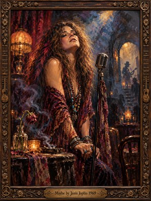 A soulful woman leans beside a vintage microphone in a smoky 1960s blues club, her upward gaze conveying longing and vulnerability. Expressive oil brushwork blends burgundy, amber, violet, and midnight blue. Flickering candles, a wilted flower, drifting smoke, and shadowy musicians enrich the intimate scene, enclosed within an ornate carved wooden frame.