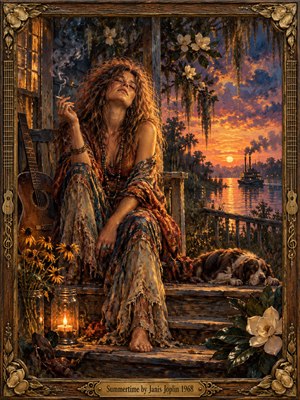 A wild-haired woman rests on weathered porch steps overlooking a glowing bayou, cigarette smoke curling into violet twilight. Golden sunset reflections, magnolia blossoms, a sleeping dog, and a leaning guitar deepen the soulful, bittersweet atmosphere. Rich oil brushstrokes, amber lighting, and an ornate carved frame evoke nostalgic summer melancholy.