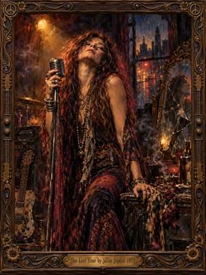 A soulful singer grips a vintage microphone in a smoky, dimly lit club, her expression revealing exhaustion and defiance. Amber light illuminates flowing crimson garments, while rain-streaked windows, cracked mirrors, and wilted roses suggest heartbreak. Rich oil textures, deep violet shadows, and an ornate bronze frame evoke bittersweet nostalgia.