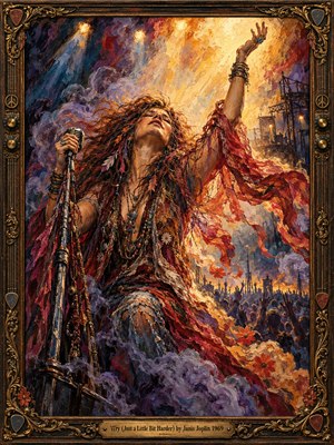 A passionate singer reaches toward blazing golden light, gripping a vintage microphone amid swirling crimson scarves and violet smoke. Shadowy crowds gather beneath distant stage scaffolding. Expressive oil brushstrokes capture raw emotion and psychedelic energy, while an ornate bronze-and-wood frame with guitar details and an engraved brass plate completes the composition.