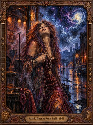 A soulful singer leans back beneath a swirling cosmic sky, her auburn hair and patterned shawl glowing in amber stage light. Beyond her, a rain-soaked city street reflects violet and blue. Thick, expressive oil brushstrokes convey longing and defiance, while an ornate bronze frame evokes the psychedelic era.
