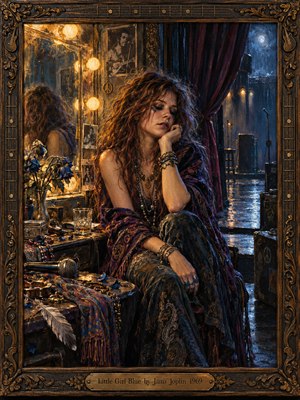 A weary young woman sits alone backstage, surrounded by wilted blue roses, scattered jewelry, and a forgotten microphone. Warm vanity bulbs illuminate her sorrowful expression, contrasting with cool moonlight beyond velvet curtains. Rich indigo, amber, and violet oil brushstrokes evoke haunting melancholy, enclosed within an ornate carved wooden frame.