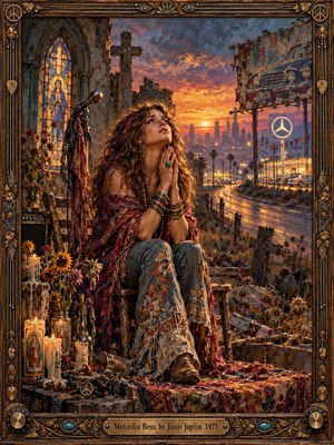 A bohemian woman clasps her hands in prayer beside candles and wilted flowers in a crumbling roadside chapel. Beyond her, a glowing car dealership and winding highway meet an orange-purple sunset. Richly textured oil brushwork, dramatic lighting, and an ornate wooden frame contrast soulful longing with commercial temptation.