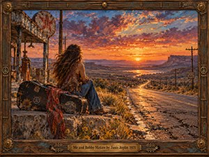 A lone traveler rests beside a weathered guitar case, gazing down a winding desert highway at sunset. Fiery orange, violet, and golden skies illuminate distant mesas and wildflowers. Expressive oil brushwork evokes bittersweet freedom and nostalgia. An ornate wooden frame with brass musical details surrounds the soulful scene.