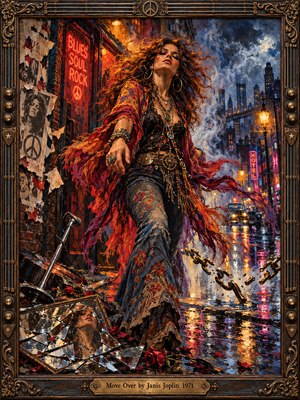 A defiant bohemian woman strides through a rain-soaked neon street, her crimson shawl swirling amid broken chains and shattered mirrors. Fiery amber light contrasts with stormy blues, illuminating smoky brick walls, vintage cars, and torn posters. Expressive oil brushwork and an ornate bronze frame amplify the rebellious atmosphere.
