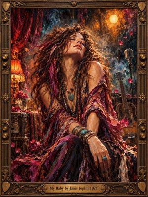 An expressive oil painting shows a bohemian woman tilting her face toward warm light, her tousled hair and jewel-toned shawls swirling around her. A vintage microphone, guitar, roses, and glowing lamp fill the smoky interior. Crimson, amber, and teal brushstrokes convey soulful longing, enclosed by an ornate brass frame.