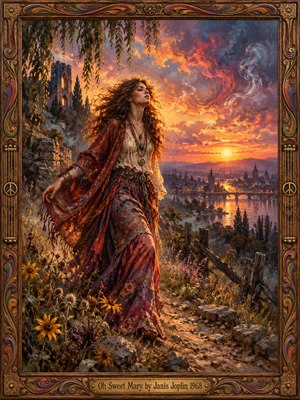 A windswept bohemian woman strides along a wildflower-strewn hillside above a glowing river city. Her flowing crimson shawl and tangled hair catch the fiery sunset, while violet clouds curl around ancient ruins. Rich oil brushwork lends the scene restless longing, framed by carved psychedelic wood and an engraved brass title plate.