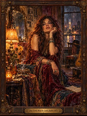 A weary, wild-haired woman in burgundy velvet sits pensively in a cluttered bohemian room, surrounded by fading flowers, candlelight, and vintage keepsakes. Rain blurs the city beyond her window, contrasting cool blue shadows with glowing amber light. Expressive oil brushstrokes and an ornate guitar-inspired frame deepen the atmosphere of soulful longing.