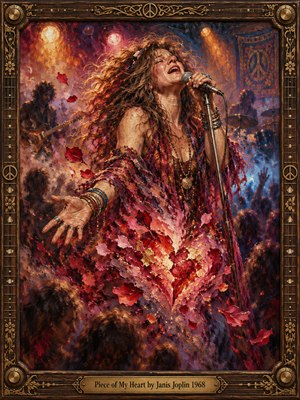 A wild-haired singer pours her anguish into a microphone beneath molten amber stage lights, reaching toward shadowy concertgoers. Thick, swirling oil strokes in crimson, violet, and gold form a radiant, fractured heart amid drifting petals. Psychedelic band silhouettes recede behind her, enclosed by an ornate dark wood and brass frame.