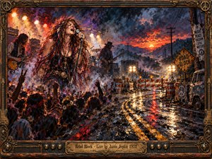 A wild-haired singer belts into a microphone as a roaring crowd and blues-rock band merge with a rain-soaked highway. Fiery sunset clouds loom above barricades, warning lights, and a battered van. Thick oil brushstrokes in crimson, amber, and indigo capture rebellious energy, enclosed within an ornate bronze and wood frame.