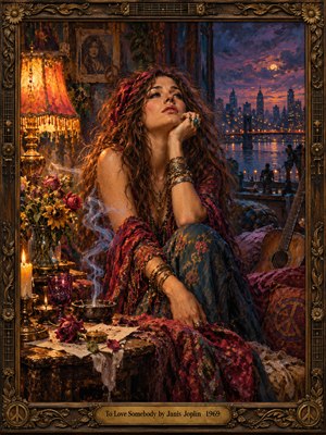 A wistful bohemian woman rests her chin on one hand beside fading flowers, candles, and a guitar, gazing toward a violet city skyline. Amber lamplight warms her crimson shawl and tousled hair as smoky indigo shadows deepen the longing. Expressive oil brushwork and an ornate carved frame evoke 1960s melancholy.