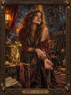 A soulful woman sits in a smoky backstage room, her open hand suggesting fragile trust and longing. Amber lamplight warms her tangled hair and burgundy shawl, while blue shadows surround a microphone and glowing seedling. Rich oil brushwork and an ornate guitar-inspired frame evoke seventies blues and vulnerability.