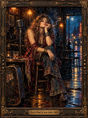 A weary, wild-haired singer lounges in a smoky 1960s blues club, cigarette raised beside a vintage microphone and whiskey glass. Amber lamplight warms her embroidered clothing while cobalt rain and crimson neon shimmer outside. Expressive oil brushstrokes capture soulful melancholy, framed by ornate bronze guitar motifs and an engraved title plate.