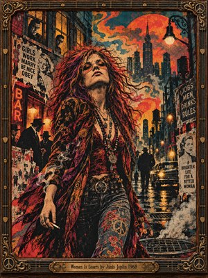A defiant woman with wild red hair strides through a smoky 1960s city street, surrounded by shadowy figures and oppressive posters. Fiery orange skies, crimson fabrics, teal shadows, and glowing streetlights intensify the rebellious atmosphere. Distressed screen-print textures and an ornate brass-trimmed frame complete this gritty, emotionally charged portrait.